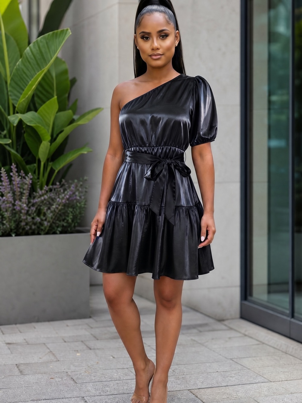 BCBGeneration Black Puff Sleeve Mini Dress